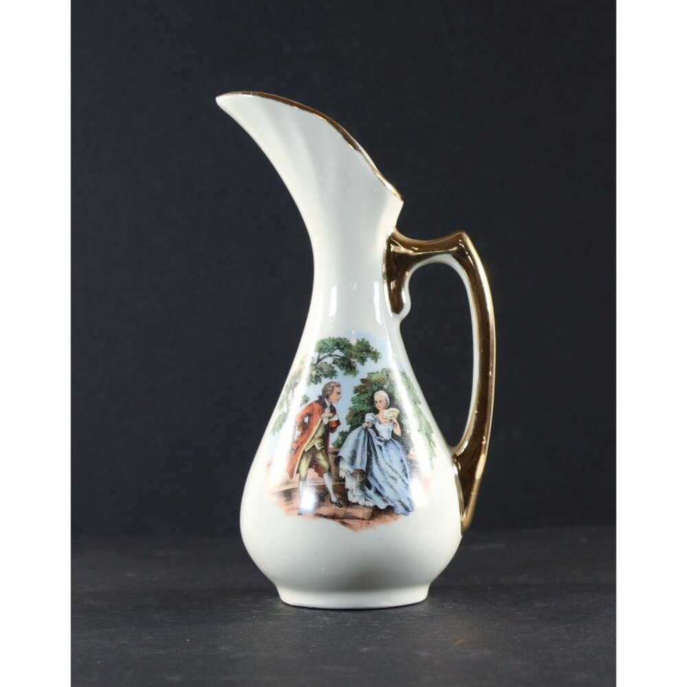 Hand Painted Pitcher Colonial Scene Gilded Accents 6.5" Japan 1950s GC